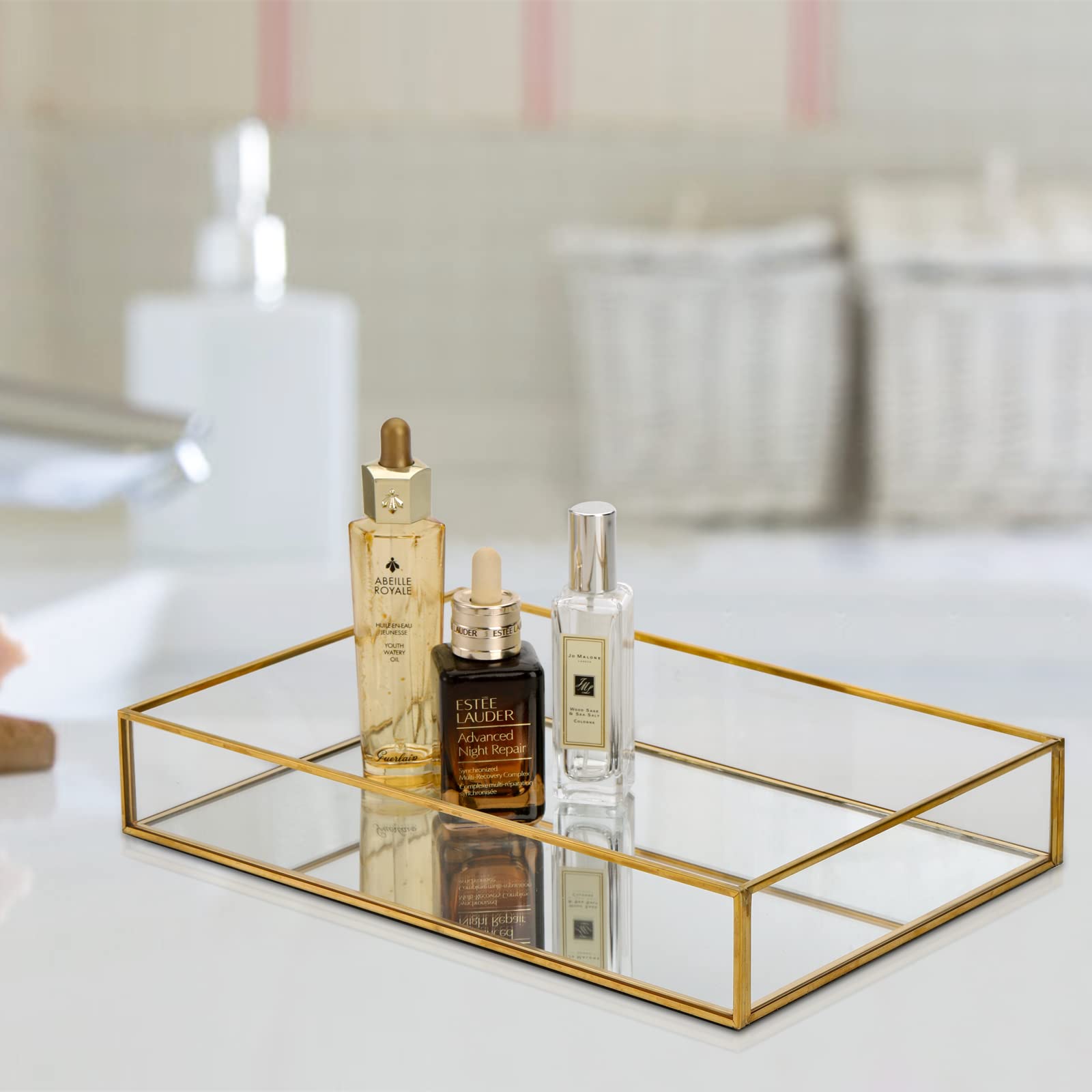 Lyellfe 2 Pack Perfume Trays, Gold Vanity Tray, Decorative Gold Mirror Tray, Non Slip Rectangular Perfume Tray, Jewelry, Bathroo